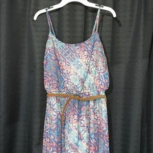 Multi-colored Maxi Dress with Brown Braided Belt